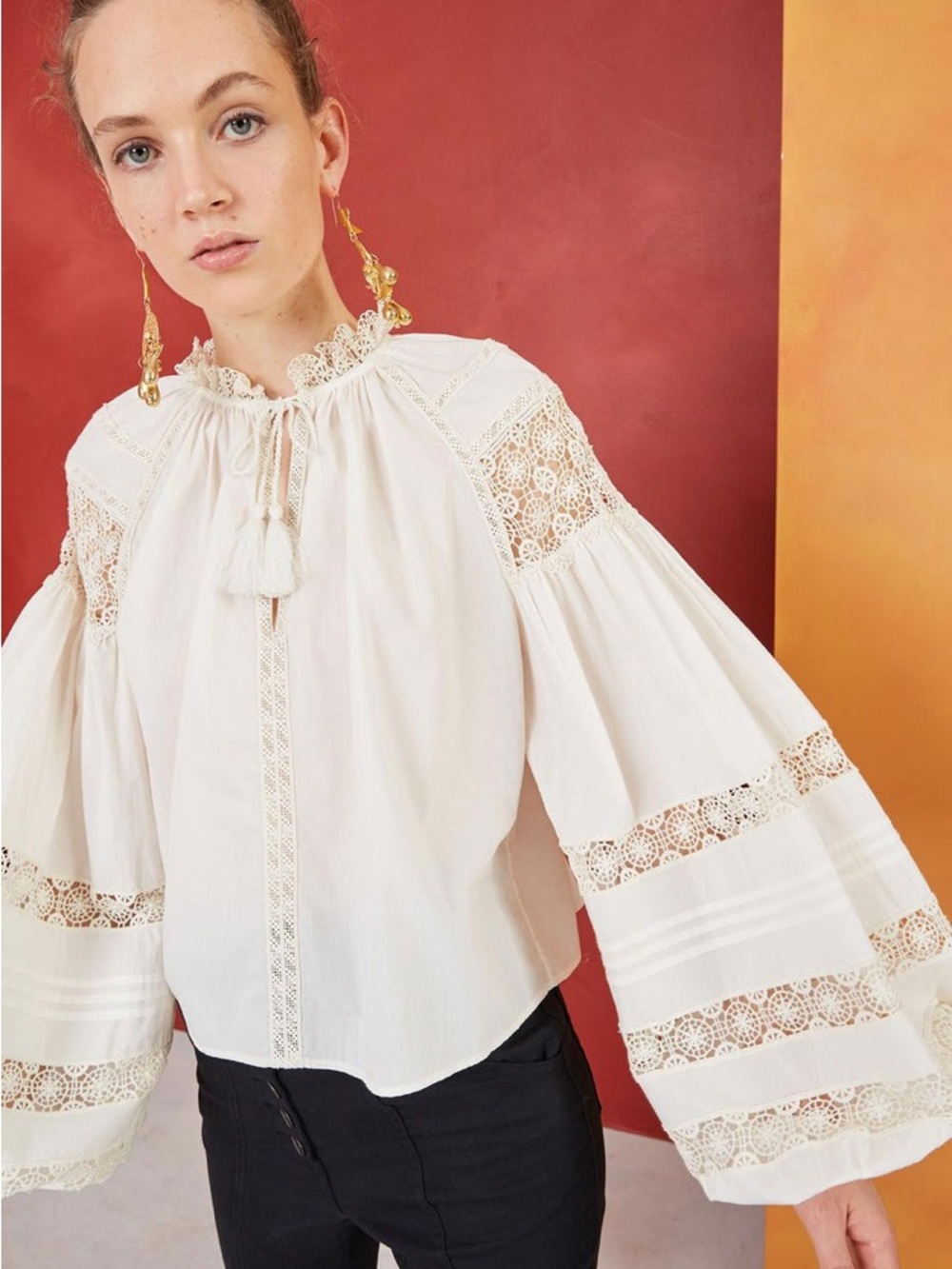 Ulla Johnson Cream Crochet-Paneled Peasant Blouse